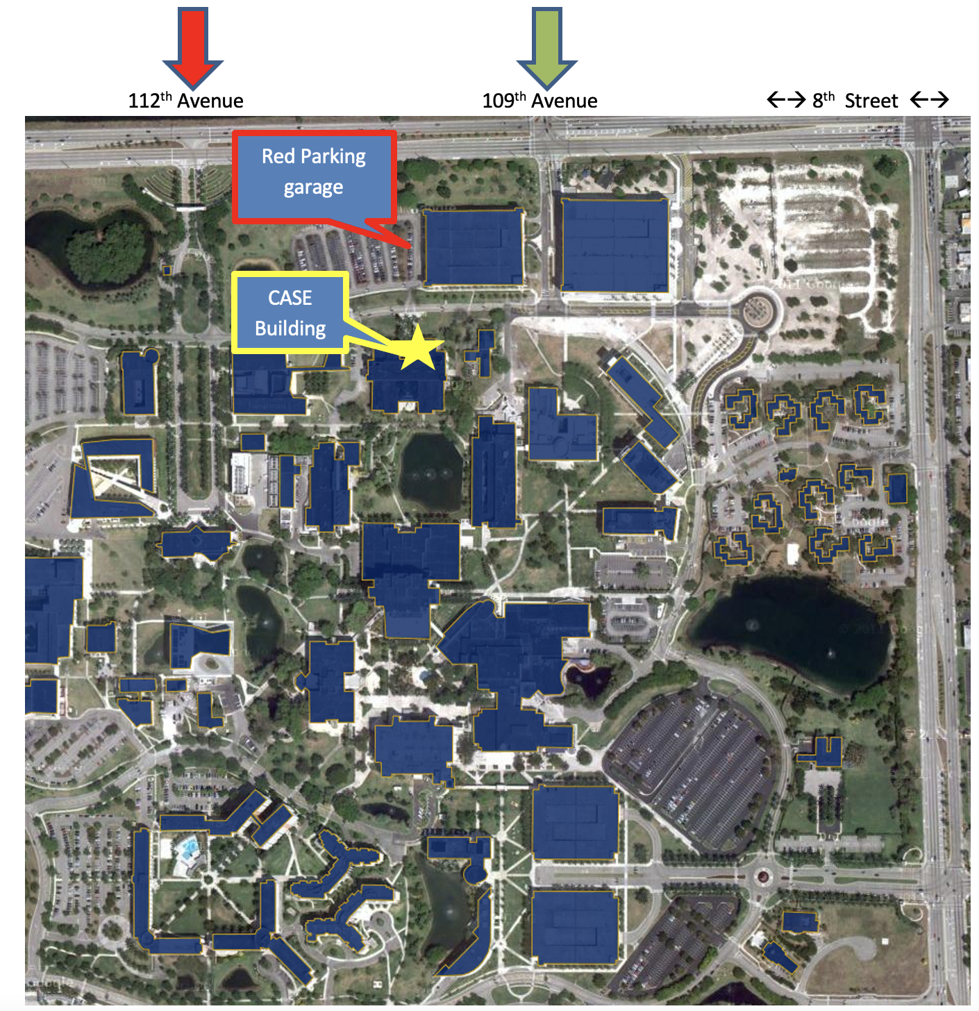 Map showing the FIU CASE building and Red Parking Garage